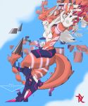  2017 absurd_res anthro armor black_nose breasts claws cloud digimon digimon_(species) female fur glitch hi_res markings meicrackmon null-z orange_body orange_fur purple_markings red_eyes sharp_teeth signature sky smile teeth thick_thighs tuft white_body white_fur 