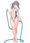  1girl bangs bare_shoulders barefoot blush breasts cleavage collarbone competition_swimsuit full_body green_eyes grey_hair hair_between_eyes highleg highleg_swimsuit highres hose kekemotsu large_breasts legs long_hair looking_at_viewer one-piece_swimsuit open_mouth original ponytail simple_background solo swimsuit white_background 