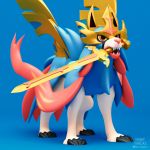  3d blue_background claws commentary dog dog_focus english_commentary full_body gen_8_pokemon henry_vargas highres legendary_pokemon mouth_hold pokemon signature simple_background solo standing sword weapon yellow_eyes zacian zacian_(crowned) 