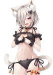  1girl :d absurdres animal_ear_fluff animal_ears bangs bell bell_collar black_bra black_collar black_panties blush bow bra cat_cutout cat_ear_panties cat_ears cat_girl cat_hair_ornament cat_lingerie cat_tail cleavage_cutout collar commentary_request eyebrows_visible_through_hair fang frilled_bra frills groin hair_ornament hair_over_one_eye hasumi_(hasubatake39) heart highres jingle_bell looking_at_viewer meme_attire navel open_mouth orange_bow original panties purple_eyes side-tie_panties silver_hair simple_background skindentation smile solo tail thigh_strap underwear underwear_only upper_teeth white_background wrist_cuffs 
