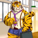  1:1 2017 anthro bulge clothing felid humanoid_hands kemono male mammal necktie overweight overweight_male pantherine pink_nose pubes raichoclub solo tiger underwear 