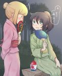  2girls alternate_hairstyle bench black_hair blonde_hair blush bush fan flying_sweatdrops forest green_kimono hair_bun hand_on_own_knee japanese_clothes kimono kuroki_tomoko meis_(terameisu) multiple_girls nature outdoors paper_fan pink_kimono ponytail shaved_ice sitting standing summer_festival sweatdrop tree uchi_emiri uchiwa watashi_ga_motenai_no_wa_dou_kangaetemo_omaera_ga_warui! yukata yuri 