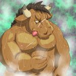  1:1 2017 anthro belly bovid bovine cattle humanoid_hands kemono male mammal moobs nipples outside overweight overweight_male raichoclub raining solo tongue tongue_out wet 