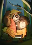  2020 absurd_res anthro belly brown_body brown_fur canid canine clothing detailed_background fur hat headgear headwear hi_res humanoid_hands male mammal moobs naikuma night outside overweight overweight_male raccoon_dog shirt solo tanuki topwear 