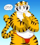  2015 anthro asian_clothing belly bulge clothing east_asian_clothing felid fundoshi fur humanoid_hands japanese_clothing kemono male mammal navel overweight overweight_male pantherine pink_nose raichoclub solo text tiger underwear white_body white_fur 