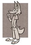  4_fingers anthro biped canid canine canis clothed clothing fingers gesture half-closed_eyes hand_in_pocket male mammal miikesobi narrowed_eyes paws pockets simple_background smile solo standing teeth wolf 