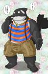  2017 anthro black_body blush bottomwear cetacean clothing delphinoid humanoid_hands japanese_text kemono male mammal marine oceanic_dolphin orca overweight overweight_male raichoclub shirt shorts solo text toothed_whale topwear white_body 