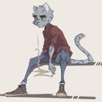  2019 absurd_res anthro blue_bottomwear blue_clothing blue_pants bottomwear brown_clothing brown_footwear cigarette clothed clothing eyebrows felid footwear full-length_portrait fully_clothed fur grey_body grey_ears grey_fur grey_tail hi_res holding_cigarette katlek mammal monotone_eyebrows pants portrait red_clothing red_topwear simple_background sitting solo striped_tail stripes thick_eyebrows topwear 