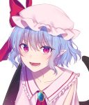  1girl :d asa_(coco) ascot bangs bat_wings blue_hair blush bow brooch collarbone commentary_request dress eyebrows_visible_through_hair frilled_shirt_collar frills hair_between_eyes hat hat_bow highres jewelry looking_at_viewer mob_cap open_mouth pink_dress pink_headwear pointy_ears red_bow red_eyes red_neckwear remilia_scarlet short_hair simple_background smile solo touhou upper_body white_background wings 