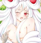  1girl alcremie alcremie_(salted_cream) alcremie_(strawberry_sweet) blush breasts commentary_request gen_8_pokemon grass kirin_(kanata_walk) long_hair looking_at_viewer nipples one_eye_closed personification pokemon red_eyes small_breasts sweat white_hair white_theme yuri 