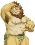  2018 anthro belly bulge clothing felid hi_res humanoid_hands kemono lion male mammal moobs nipples pantherine pubes raichoclub simple_background slightly_chubby solo underwear white_background 