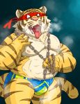  2018 anthro belly bodily_fluids bulge clothing felid hi_res humanoid_hands kemono male mammal moobs nipples overweight overweight_male pantherine pink_nose raichoclub solo sweat tiger tongue tongue_out underwear 