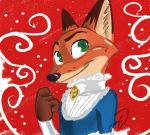  2016 anthro canid canine clothed clothing dipstick_ears disney fox fur green_eyes mammal multicolored_ears nick_wilde orange_body orange_fur red_background red_fox simple_background smile solo trashasaurusrex zootopia 