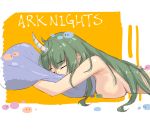  1girl ahoge arknights bangs breasts cauchyconjugacy closed_eyes commentary_request copyright_name eyebrows_visible_through_hair green_hair highres horn hoshiguma_(arknights) large_breasts long_hair lying nude on_stomach pillow pillow_hug solo upper_body 