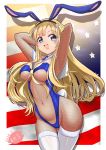  1girl american_flag animal_ears arm_up armpits arms_behind_head arms_up bare_shoulders blonde_hair blue_eyes bow bowtie breasts bunny_ears bunny_girl bunny_tail bunnysuit commentary_request double_bun fake_animal_ears fishnets fletcher_(kantai_collection) kantai_collection large_breasts leotard long_hair looking_at_viewer mokerou navel solo strapless strapless_leotard tail 