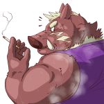  1:1 2018 anthro bodily_fluids humanoid_hands kemono male mammal portrait raichoclub scar simple_background slightly_chubby solo suid suina sus_(pig) sweat white_background wild_boar 