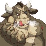  1:1 2018 anthro belly bovid bovine cattle eye_patch eyewear humanoid_hands kemono male mammal moobs navel nipples raichoclub simple_background solo tongue tongue_out white_background 