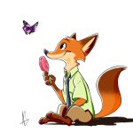  1:1 2020 anthro arthropod barefoot bottomwear butterfly canid canine cheek_tuft clothing disney duo facial_tuft feral food fox fur head_tuft hi_res holding_food holding_object inner_ear_fluff insect lepidopteran mammal missashleyng neck_tuft necktie nick_wilde orange_body orange_fur pants pawpsicle popsicle purple_body red_fox shirt simple_background sitting smile topwear tuft white_background zootopia 
