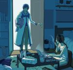  1boy 1girl basket bed bedroom blue_hair blue_scarf cabinet chair cigarette clothes coat commentary computer cup_ramen headset holding holding_basket holding_cigarette indoors kaito laptop master_(vocaloid) nokuhashi opening_door pants pillow scarf sitting smile smoking standing sweat table tank_top tissue_box vocaloid white_coat wooden_floor 