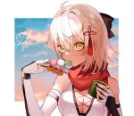  1girl ahoge bangs bare_shoulders bebe_pp black_bow blonde_hair bow breasts candy cleavage commentary_request dark_skin eyebrows_visible_through_hair fate/grand_order fate_(series) food hair_between_eyes hair_bow hair_ornament holding holding_food large_breasts looking_at_viewer medium_hair okita_souji_(alter)_(fate) okita_souji_(fate)_(all) signature solo yellow_eyes 