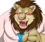  2018 angry anthro blush clothing felid humanoid_hands kemono lion male mammal necktie overweight overweight_male pantherine portrait raichoclub shirt simple_background solo topwear white_background 