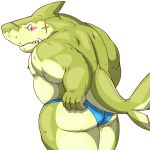 1:1 2018 anthro belly blush butt clothing fish green_body humanoid_hands kemono male marine moobs nipples overweight overweight_male raichoclub scar shark simple_background solo underwear white_background 