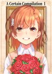  1girl :d bangs blush bouquet brown_eyes brown_hair collared_shirt commentary_request english_text eyebrows_visible_through_hair flower grin hair_flower hair_ornament misaka_mikoto open_mouth outside_border picture_frame raika9 red_flower red_rose roman_numerals rose shirt short_hair smile solo sweater_vest teeth to_aru_kagaku_no_railgun to_aru_majutsu_no_index upper_body white_flower white_shirt wing_collar 