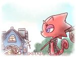  4:3 android_18 animal_crossing blonde_hair building chameleon clothing fence flick_(animal_crossing) hair horn house lizard net nintendo oden_(artist) red_body red_scales reptile scales scalie tree video_games villager_(animal_crossing) 