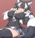  1girl animal_ears between_breasts black_legwear blue_eyes blush breast_pocket breasts commentary commentary_request eyebrows_visible_through_hair fang fur_collar gloves grey_wolf_(kemono_friends) heterochromia highres kemono_friends large_breasts long_hair looking_at_viewer lying mo23 multicolored_hair necktie necktie_between_breasts on_back open_mouth pocket solo tail thighhighs two-tone_hair white_gloves wolf_ears wolf_girl wolf_tail yellow_eyes zettai_ryouiki 
