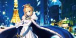  artoria_pendragon_(all) blonde_hair blue_cape cape crown dress fate/grand_order fate/stay_night fate_(series) gloves green_eyes highres looking_at_viewer official_art photo saber saber_(weapon) sword takeuchi_takashi weapon white_dress white_gloves 