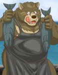  2019 anthro apron belly blush brown_body brown_fur bulge clothing fish fur hi_res humanoid_hands kemono male mammal marine moobs nipples outside overweight overweight_male raichoclub solo tongue tongue_out ursid water 