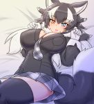  1girl animal_ears bed between_breasts black_legwear blue_eyes blush breast_pocket breasts commentary commentary_request eyebrows_visible_through_hair fur_collar gloves grey_wolf_(kemono_friends) heterochromia highres kemono_friends large_breasts long_hair looking_at_viewer lying mo23 multicolored_hair necktie necktie_between_breasts on_back open_mouth pocket solo tail thighhighs two-tone_hair white_gloves wolf_ears wolf_girl wolf_tail yellow_eyes zettai_ryouiki 