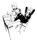  1boy 1girl alternate_costume chair character_request closed_mouth copyright_name gakuran greyscale highres holding legs_on_table monochrome notebook pen reclining ruukii_drift school_uniform serafuku short_sleeves simple_background smile sweatdrop thorfinn vinland_saga white_background writing 