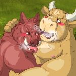  1:1 2017 anthro belly blush bodily_fluids bovid bovine cattle duo hug humanoid_hands kemono licking male male/male mammal moobs nipples overweight overweight_male raichoclub suid suina sus_(pig) sweat tongue tongue_out wild_boar 