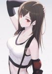 1girl arm_behind_head arm_up armpits bare_shoulders black_gloves black_hair breasts cleavage closed_mouth collarbone commentary crop_top earrings expressionless final_fantasy final_fantasy_vii final_fantasy_vii_remake fingerless_gloves gloves hiera12 jewelry long_hair looking_at_viewer medium_breasts midriff navel red_eyes shirt simple_background sleeveless sleeveless_shirt solo stomach suspenders suspenders_gap tifa_lockhart upper_body white_background white_shirt 