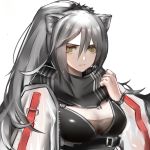  1girl animal_ears arknights bangs black_scarf breasts cat_ears commentary grey_eyes hair_between_eyes hand_up highres huoguohululu jacket long_hair long_sleeves looking_at_viewer medium_breasts open_clothes open_jacket scarf schwarz_(arknights) silver_hair simple_background solo upper_body white_background white_jacket 