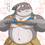  1:1 2017 anthro belly black_body blush bodily_fluids bottomwear cetacean clothed clothing delphinoid humanoid_hands kemono mammal marine navel nipples oceanic_dolphin open_shirt orca overweight pants raichoclub shirt solo sweat toothed_whale topwear undressing 