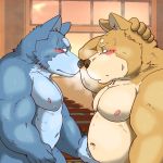  1:1 2018 anthro belly blue_body blue_fur blush brown_body brown_fur canid canine canis domestic_dog duo fur humanoid_hands kemono male male/male mammal moobs navel nipples overweight overweight_male raichoclub 