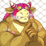  1:1 2018 anthro belly bovid bovine brown_body brown_fur cattle fur humanoid_hands kemono male mammal mask moobs nipples overweight overweight_male portrait raichoclub solo 