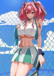  1girl absurdres azur_lane bangs bare_legs bare_shoulders blue_sky blue_towel blush breasts bremerton_(azur_lane) bremerton_(scorching-hot_training)_(azur_lane) chain-link_fence cleavage cloud collarbone collared_shirt commentary cowboy_shot crop_top crop_top_overhang day eyebrows_visible_through_hair fence green_skirt grey_hair groin hair_between_eyes hair_intakes hair_ornament hand_on_own_chest heart heart_necklace highres holding holding_racket holding_towel large_breasts long_hair looking_at_viewer midriff multicolored_hair navel ninec no_mole ocean outdoors parted_lips pink_eyes pink_hair racket shirt sidelocks skirt sky sleeveless sleeveless_shirt smile solo sportswear standing streaked_hair tennis_racket tennis_uniform towel twintails two-tone_hair two-tone_shirt two-tone_skirt underboob white_shirt white_skirt wristband 