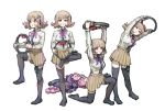  1girl bent_over black_legwear breasts brown_hair cat_bag commentary_request danganronpa eyebrows_visible_through_hair flipped_hair hair_ornament hairclip highres jacket jacket_removed knee_up large_breasts leg_up long_sleeves looking_at_viewer multiple_views nanami_chiaki nintendo_switch_pro_controller no_shoes pink_bag pink_eyes pink_footwear pink_jacket pink_ribbon pleated_skirt ribbon ring_fit_adventure shirt shoes_removed simple_background skirt super_danganronpa_2 thighhighs white_background white_shirt youko-shima 