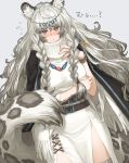  1girl animal_ear_fluff animal_ears arknights belt blush braid breasts dress eyebrows_visible_through_hair flying_sweatdrops jewelry leopard_ears leopard_tail long_hair looking_at_viewer necklace pout pramanix_(arknights) shoe-ji solo tail thighhighs turtleneck very_long_hair white_dress 