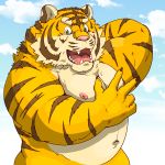  1:1 2018 absurd_res anthro belly felid fur hi_res humanoid_hands kemono male mammal moobs navel nipples outside overweight overweight_male pantherine pink_nose raichoclub solo teeth tiger yellow_body yellow_fur 
