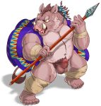 2018 anthro balls belly censored erection genitals hi_res humanoid_genitalia humanoid_hands humanoid_penis kemono male mammal moobs navel nipples overweight overweight_male penis pubes raichoclub simple_background solo suid suina sus_(pig) weapon white_background wild_boar 