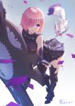  1girl animal armor armored_dress bare_shoulders black_gloves black_legwear boots breasts commentary_request dated fate/grand_order fate_(series) fou_(fate/grand_order) gloves hair_over_one_eye highres holding_shield large_breasts lavender_hair mash_kyrielight pink_legwear purple_eyes shield short_hair signature smile thigh_boots thighhighs tienao 