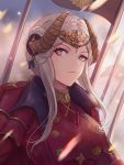  1girl banner breasts closed_mouth day double_bun dress edelgard_von_hresvelg eyebrows_visible_through_hair fake_horns fire_emblem fire_emblem:_three_houses hair_ornament headpiece leonmandala looking_at_viewer medium_breasts motion_blur outdoors purple_eyes red_dress serious short_hair_with_long_locks sidelocks silver_hair solo upper_body v-shaped_eyebrows 