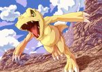  agumon ambiguous_gender angry claws cloud digimon digimon_(species) feral green_eyes karasora mountain open_mouth orange_body reptile scalie sharp_teeth teeth toe_claws tongue yellow_body 