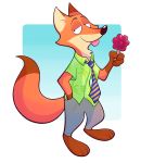  2017 anthro barefoot bearslime bottomwear canid canine clothing disney food fox fur hand_in_pocket hi_res holding_food holding_object mammal necktie nick_wilde orange_body orange_fur pants pawpsicle pockets popsicle red_fox shirt solo standing tongue tongue_out topwear zootopia 