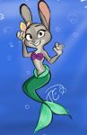  2016 anthro bubble disney female green_body grey_body grin hybrid implied_water judy_hopps lagomorph leporid mammal marine merfolk rabbit smile solo trashasaurusrex underwater water zootopia 