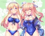  2girls alternate_costume arms_up bikini black_sailor_collar blonde_hair blue_bikini blue_eyes breasts brown_eyes choker cleavage covered_navel double_bun eyebrows_visible_through_hair fletcher_(kantai_collection) floral_background gloves hair_between_eyes hairband ittokyu jacket johnston_(kantai_collection) kantai_collection large_breasts light_brown_hair long_hair looking_at_viewer medium_breasts multiple_girls neckerchief off_shoulder one-piece_swimsuit open_mouth remodel_(kantai_collection) sailor_collar star star_choker swimsuit two_side_up underboob 